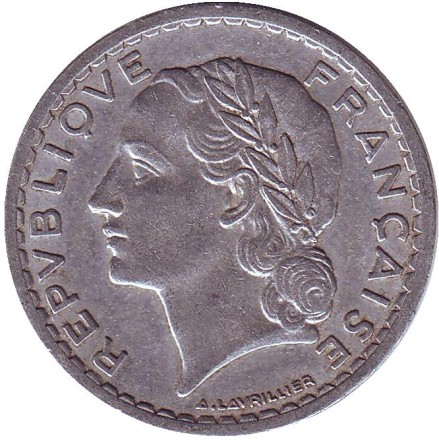 Монета 5 франков. 1947 год (B), Франция.