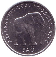 Монета 5 шиллингов. 2000 год, Сомали. ФАО. Слон. Монета 5 шиллингов. 2000 год, Сомали. ФАО. Слон.