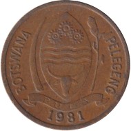 Монета 5 тхебе. 1981 год, Ботсвана. Птица-носорог.