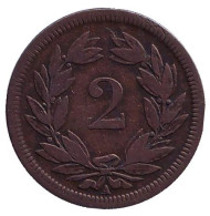 Монета 2 раппена. 1850 год, Швейцария. Монета 2 раппена. 1850 год, Швейцария.