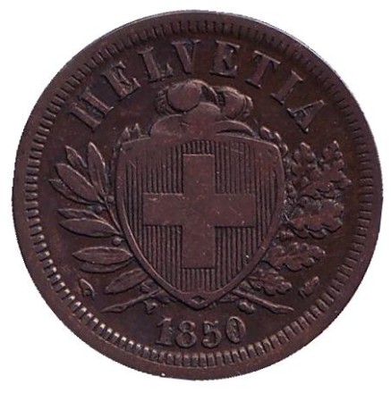 Монета 2 раппена. 1850 год, Швейцария. Монета 2 раппена. 1850 год, Швейцария.