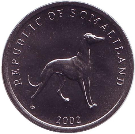 Монета 20 шиллингов. 2002 год, Сомалиленд. Собака. (Грейхайунд).