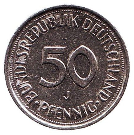 Монета 50 пфеннигов. 1985 год (J), ФРГ. Женщина, сажающая дуб.