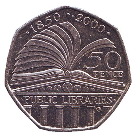 Монета 50 пенсов. 2000 год, Великобритания. 150 лет публичной библиотеке.