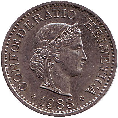 Монета 10 раппенов. 1983 год, Швейцария.