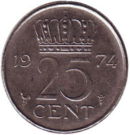 Монета 25 центов. 1974 год, Нидерланды. Монета 25 центов. 1974 год, Нидерланды.