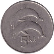 Монета 5 крон. 1984 год, Исландия. Дельфины.