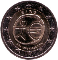 Монета 2 евро. 2009 год, Ирландия. 10 лет Экономическому и валютному союзу. Монета 2 евро. 2009 год, Ирландия. 10 лет Экономическому и валютному союзу.