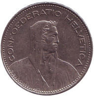 Монета 5 франков. 1996 год, Швейцария. Вильгельм Телль. Монета 5 франков. 1996 год, Швейцария. Вильгельм Телль.