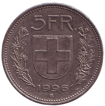 Монета 5 франков. 1996 год, Швейцария. Вильгельм Телль.