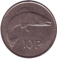 Монета 10 пенсов. 1978 год, Ирландия. Лосось. Монета 10 пенсов. 1978 год, Ирландия. Лосось.