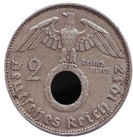 Монета 2 рейхсмарки. 1937 год, Германия (Третий Рейх). (D). Монета 2 рейхсмарки. 1937 год, Германия (Третий Рейх). (D).