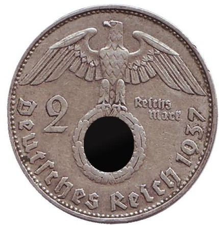 Монета 2 рейхсмарки. 1937 (D) год, Третий Рейх (Германия). Гинденбург.