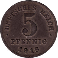 Монета 5 пфеннигов. 1918 год (F), Германская империя. Монета 5 пфеннигов. 1918 год (F), Германская империя.