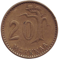 Монета 20 марок. 1954 год, Финляндия. Редкий тип. Монета 20 марок. 1954 год, Финляндия. Редкий тип.