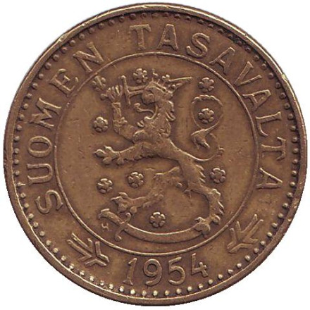 Монета 20 марок. 1954 год, Финляндия. Редкий тип.