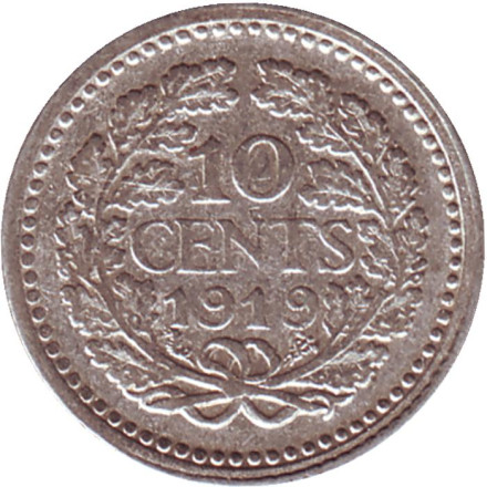 Монета 10 центов. 1919 год, Нидерланды.