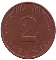 Монета 2 пфеннига. 1976 год (J), ФРГ. Дубовые листья. Монета 2 пфеннига. 1976 год (J), ФРГ. Дубовые листья.