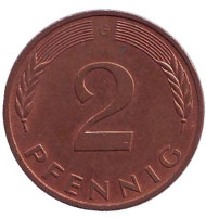 Монета 2 пфеннига. 1995 год (G), ФРГ. Дубовые листья. Монета 2 пфеннига. 1995 год (G), ФРГ. Дубовые листья.