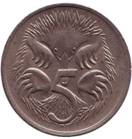 Монета 5 центов. 1975 год, Австралия. Ехидна. Монета 5 центов. 1975 год, Австралия. Ехидна.