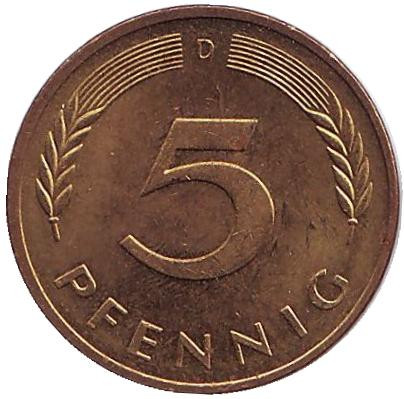 Монета 5 пфеннигов. 1996 год (D), ФРГ. Дубовые листья.