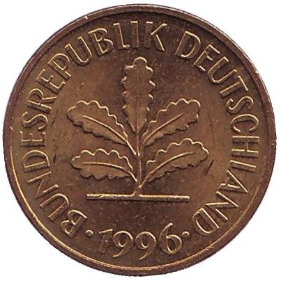 Монета 5 пфеннигов. 1996 год (D), ФРГ. Дубовые листья. Монета 5 пфеннигов. 1996 год (D), ФРГ. Дубовые листья.