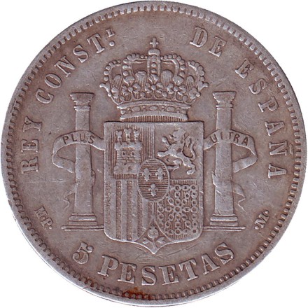 Монета 5 песет. 1888 год, Испания. Альфонсо XIII. (Отметка MP. M).