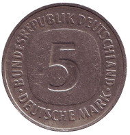 Монета 5 марок. 1975 год (D), ФРГ. Монета 5 марок. 1975 год (D), ФРГ.