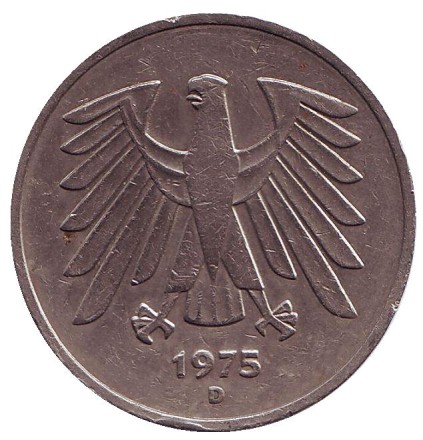 Монета 5 марок. 1975 год (D), ФРГ. Монета 5 марок. 1975 год (D), ФРГ.