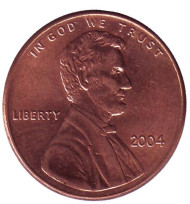 Монета 1 цент. 2004 год (P), США. Линкольн. Монета 1 цент. 2004 год (P), США. Линкольн.