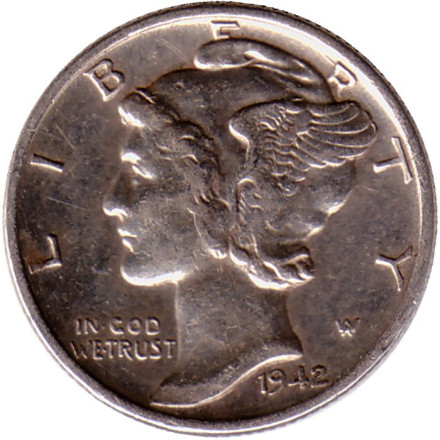 Монета 10 центов. 1942 год, США. Без обозначения монетного двора. Меркурий.