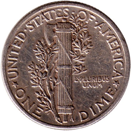 Монета 10 центов. 1942 год, США. Без обозначения монетного двора. Меркурий.