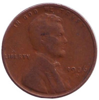 Линкольн. Монета 1 цент. 1936 год (D), США.