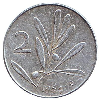 Монета 2 лиры. 1954 год, Италия. Медоносная пчела.