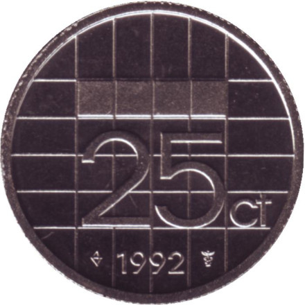 Монета 25 центов. 1992 год, Нидерланды. BU.
