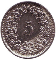 Монета 5 раппенов. 1970 год, Швейцария. Монета 5 раппенов. 1970 год, Швейцария.
