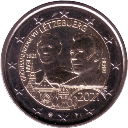 Монета 2 евро. 2021 год, Люксембург. (Обычный чекан). Тип 1. 100 лет со дня рождения Великого Герцога Жана.