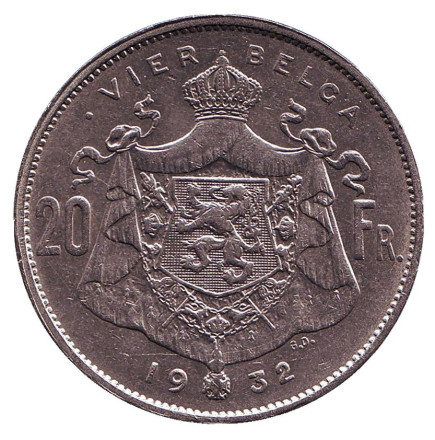 Монета 20 франков. 1932 год, Бельгия. (Der Belgen) Король Альберт I.