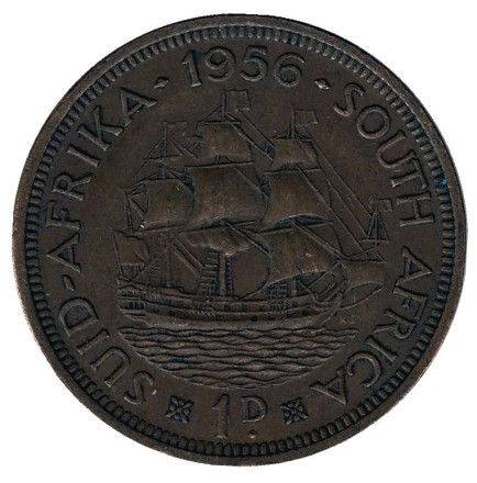 Монета 1 пенни. 1956 год, Южная Африка. Корабль "Дромедарис".