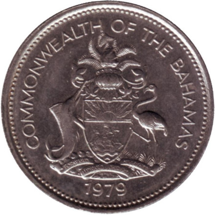 Монета 25 центов. 1979 год, Багамские острова. Парусник. Монета 25 центов. 1979 год, Багамские острова. Парусник.