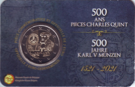 Монета 2 евро. 2021 год, Бельгия. (Надпись: Belgique). 500 лет выпуску гульдена Карла V.