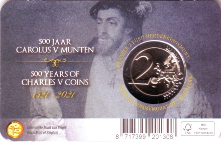 Монета 2 евро. 2021 год, Бельгия. (Надпись: Belgique). 500 лет выпуску гульдена Карла V.