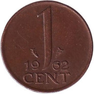 Монета 1 цент. 1962 год, Нидерланды. Монета 1 цент. 1962 год, Нидерланды.
