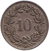 Монета 10 раппенов. 1921 год, Швейцария. Монета 10 раппенов. 1921 год, Швейцария.