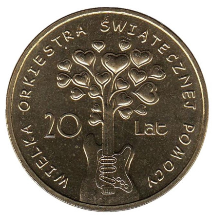 Монета 2 злотых, 2012 год, Польша. 20 лет Великого Оркестра Рождественской Благотворительности.