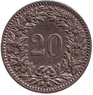 Монета 20 раппенов. 1902 год, Швейцария. Монета 20 раппенов. 1902 год, Швейцария.