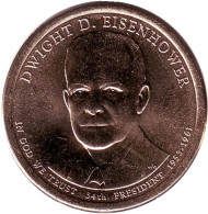 34-й президент США. Дуайт Эйзенхауэр. Монетный двор D. 1 доллар, 2015 год, США 34-й президент США. Дуайт Эйзенхауэр. Монетный двор D. 1 доллар, 2015 год, США