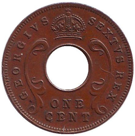 Монета 1 цент. 1952 год, Восточная Африка. (Без отметки монетного двора) Монета 1 цент. 1952 год, Восточная Африка. (Без отметки монетного двора)