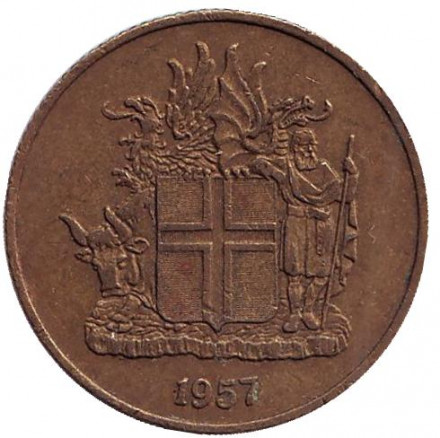 Монета 1 крона. 1957 год, Исландия. Монета 1 крона. 1957 год, Исландия.