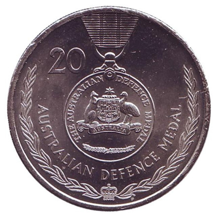 Монета 20 центов. 2017 год, Австралия. Медаль министерства обороны. Легенды АНЗАК.